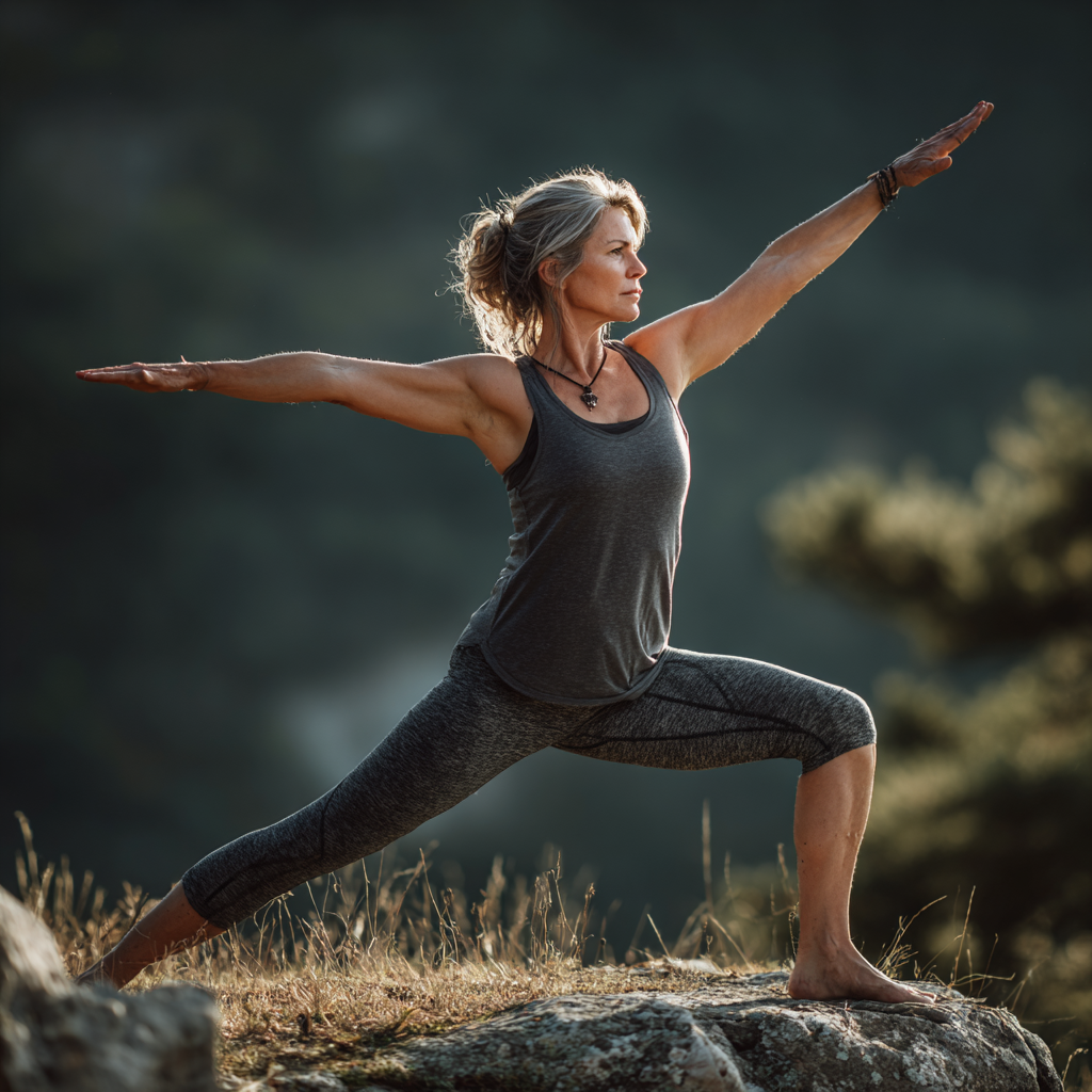Active middle-aged woman in her 50s performing yoga warrior pose outdoors, showing strength and balance in natural environment