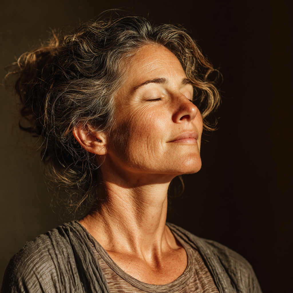 Peaceful mature woman in her 40s practicing yoga meditation pose in natural lighting, demonstrating inner calm and mindfulness